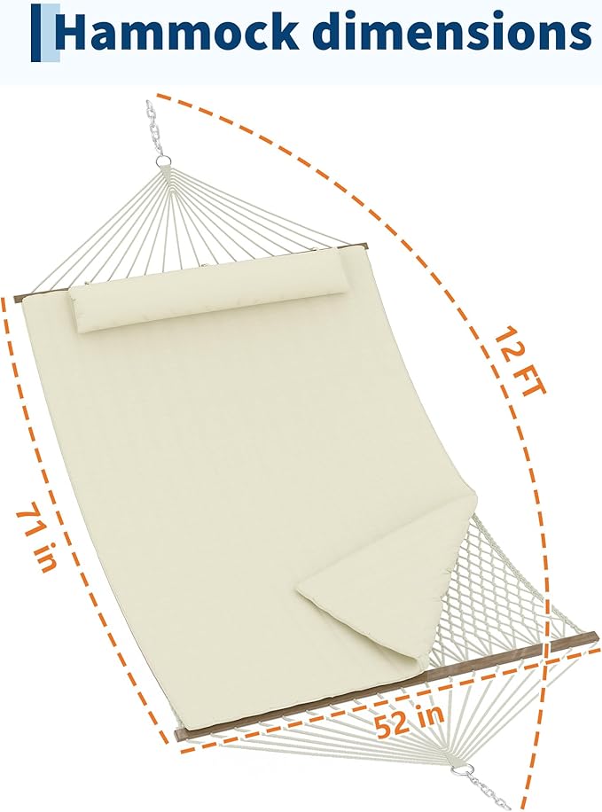 2 Person 12FT Hammocks for Outside Double Quilted Fabric Outdoor Hammock with Spreader Bar Large Removable Pillow Storage Pockets Carabiners Max 450 Lbs Capacity