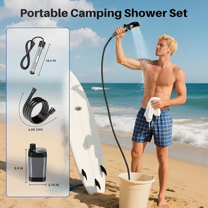 Portable Camping Shower with Heater 6000mAh Rechargeable Portable Shower with 2000W Immersion Heater LED Display Heated Camping Shower for Travel Hiking Car Pet