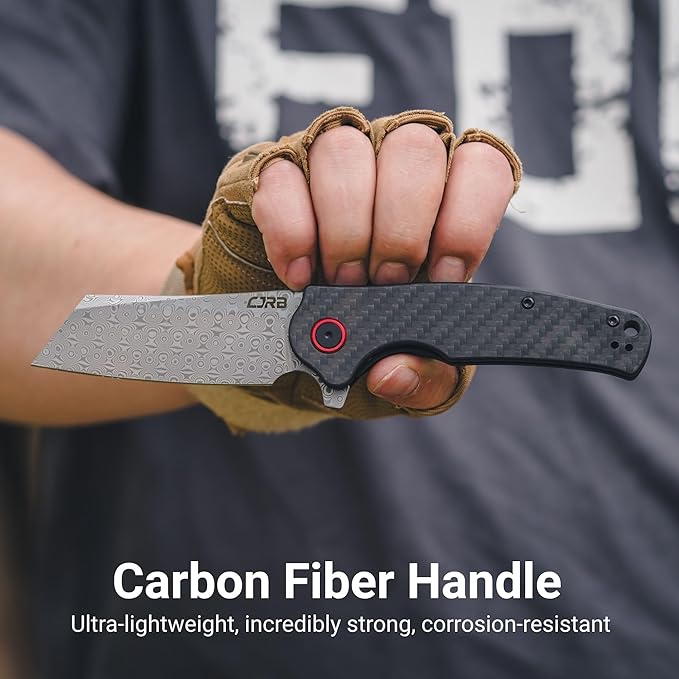 CJRB Damascus Pocket Knife for Men 3.43 Folding Knife with Carbon Fiber Handle Pocket Clip &amp Flipper Opener for Camping Hiking EDC (J1904)