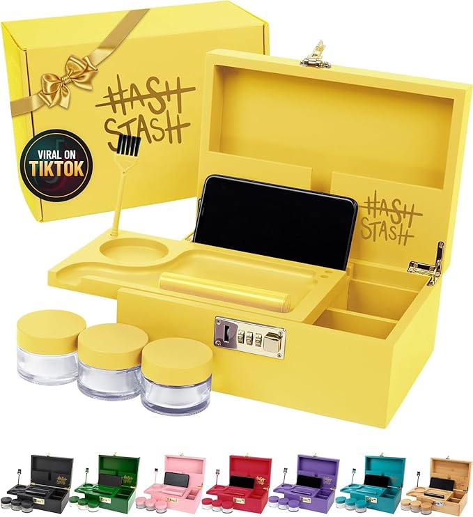 HASHSTASH The OG Storage Box - Large Bamboo Box with Combination Lock Magnetic Lid Organizer Tray Airtight Tube and 3 Jars - Discreet Decorative Locking Wooden Box with Accessories (Yellow/Gold)