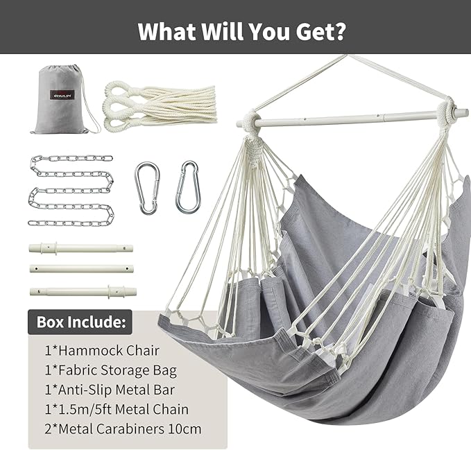 CHULIM Hanging Hammock Chair Swing MAX 500 lbs Outdoor Hanging Chair with Footrest Indoor Swing Chair with Portable Steel Spreader Bar and Hardware Kit for Bedroom Living Room Patio Porch - Grey