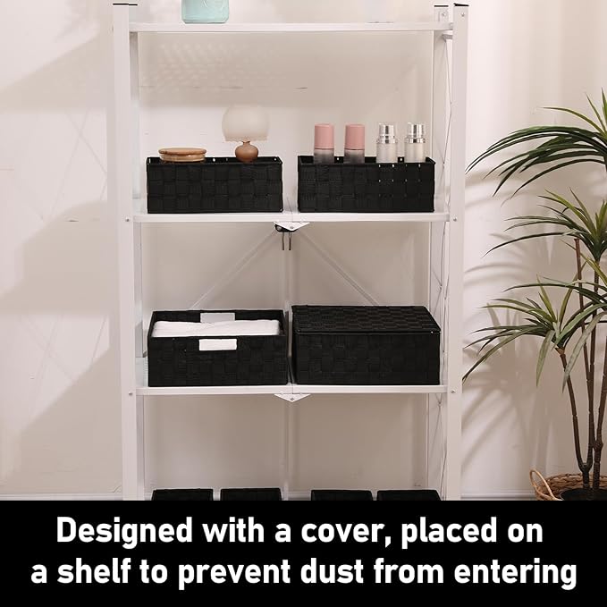 Woven Storage Bins with Lids Set of 8 Polypropylene Storage Baskets with Metal Frame Stackable Fabric Boxes for Drawers Closet Shelf Nursery and Office Black