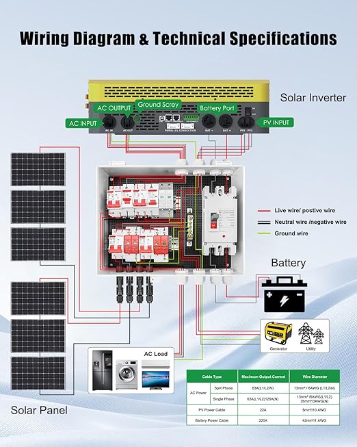 PV Combiner Box 2 String Solar Distribution Box with 25A 250A DC Circuit Breakers 63A125A AC Circuit Breakers and Surge Protection – IP65 Waterproof Perfect for 8K-10KW Solar Inverter Systems