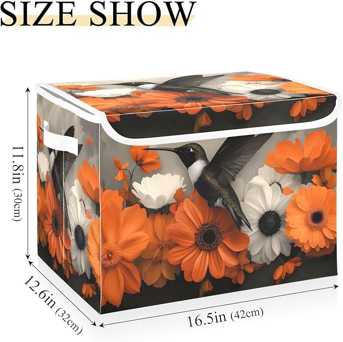 AIXIWAWA Lidded Storage Cube (Hummingbird Floral) Fabric Foldable Closet Bins with Flip Lid and Handles Organizer Basket Container 16.5 x 12.6 x 11.8 IN