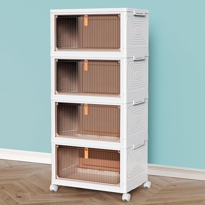 CTSNSLH 4 Tier Plastic Storage Bins and Boxes Organizer - Stackable with Lids for Bedroom Living Room Office - Foldable Containers