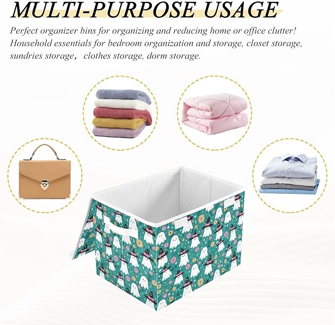 Halloween Ghosties Stars Flowers Teal Storage Box with Lid 1 PC Foldable Storage Bin with Lids Stackable Storage Bins Cube Closet Organizer Basket with Flip-Top Lid &amp Handles for Shoes Books Towel