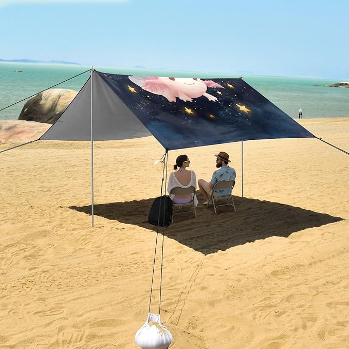 ALAZA Cute Axolotl Star Beach Tent Sun Shelter UPF50+ Protection Beach Shade Canopy w/ 4 Sandbags for Outdoor Camping Fishing Backyard Fun Picnic 10x9 ft