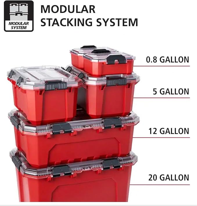Professional Heavy Duty Waterproof Stackable Plastic Storage Container with Hinged Lid Red Rectangular (12 Gal)
