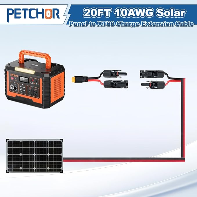 10AWG Solar Connector to XT60 Adapter Extension Cable 20FT Solar Panel to XT60 Charge Extension Cable for Portable Power Station Solar Generator RV Foldable Solar Panel