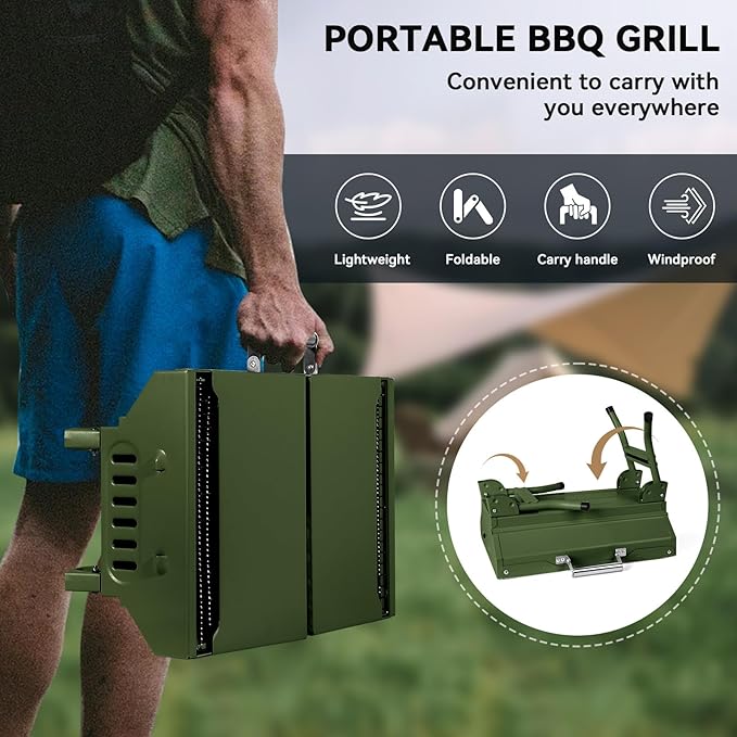 Portable Charcoal Grill Foldable Grills BBQ Grill Charcoal Small Grill for Travel Camping Outdoor Cooking Backyard Hiking Patio Garden Picnics Green
