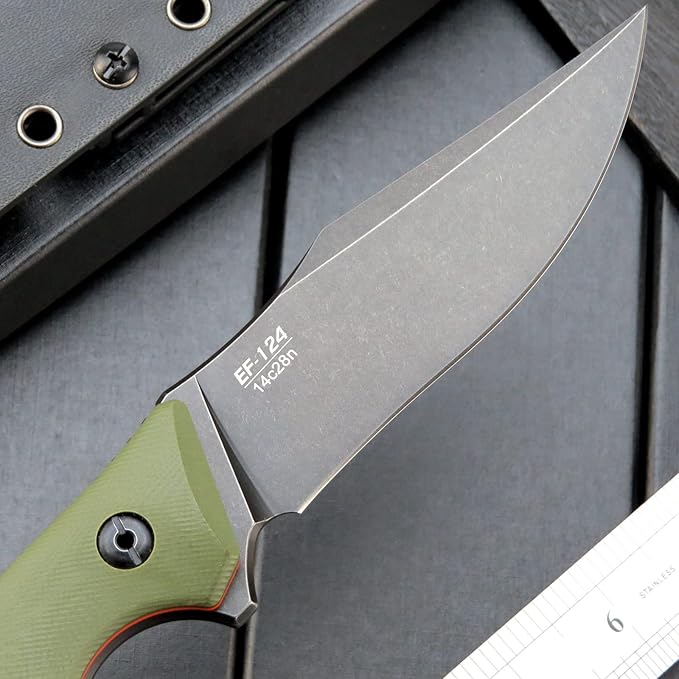 Eafengrow EF124 Fixed Blade Knife 14c28n Steel Blade Coated Black Titanium G10 Handle Fixed Knife for Outdoor Camping Hunting Survival EDC Tool Knives with Kydex Sheath(Army Green)