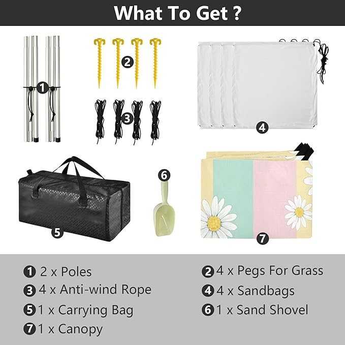 Daisy Beach Canopy Sun Shelter with Sandbags &amp Sand Shovel &amp Windproof Ropes - Portable 110x126 Beach Shade Beach Tent for Camping Picnics