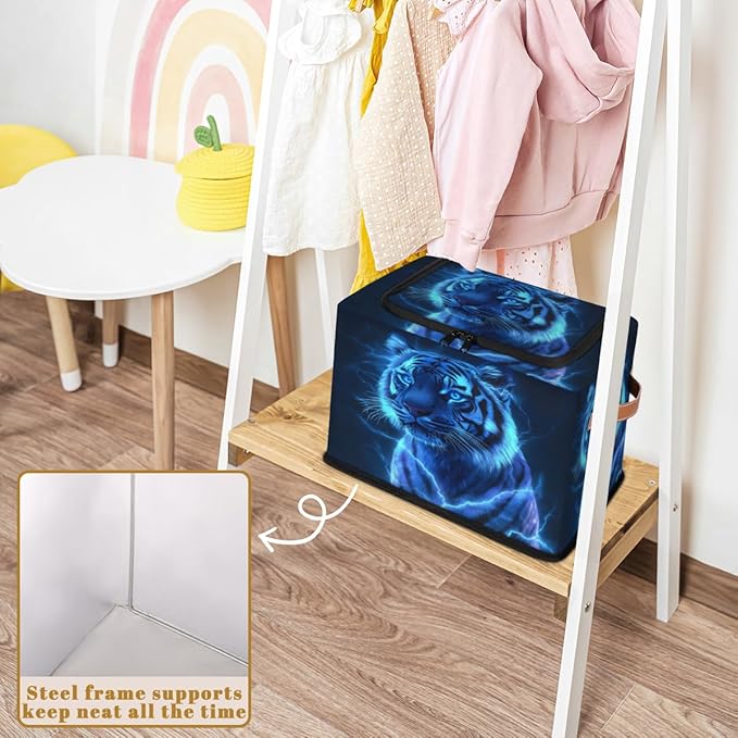 Blue Tiger Storage Box with Lid Cool Powerful Animals Collapsible Storage Bins Baskets Cubes Closet Shelf Clothes Organizer Containers with PU Leather Handles