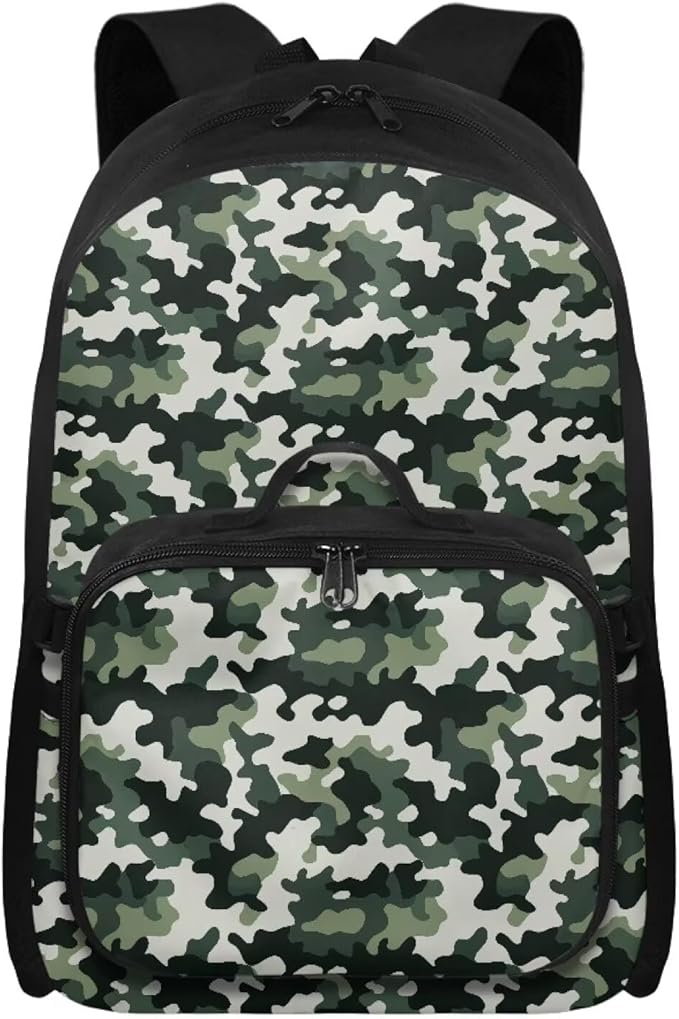 Backpack for Men Green Camouflage School Bag with Lunch Bag Lightweight Bookbag with Detachable Lunchbox for Travel Outdoor Casual Daypack