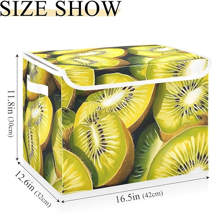Vintage Kiwi Fruits Storage Cube Bins Basket with Lid Collapsible Flip-top Fabric with Handle for Home Bedroom Closet Office 16.5×12.6×11.8 in