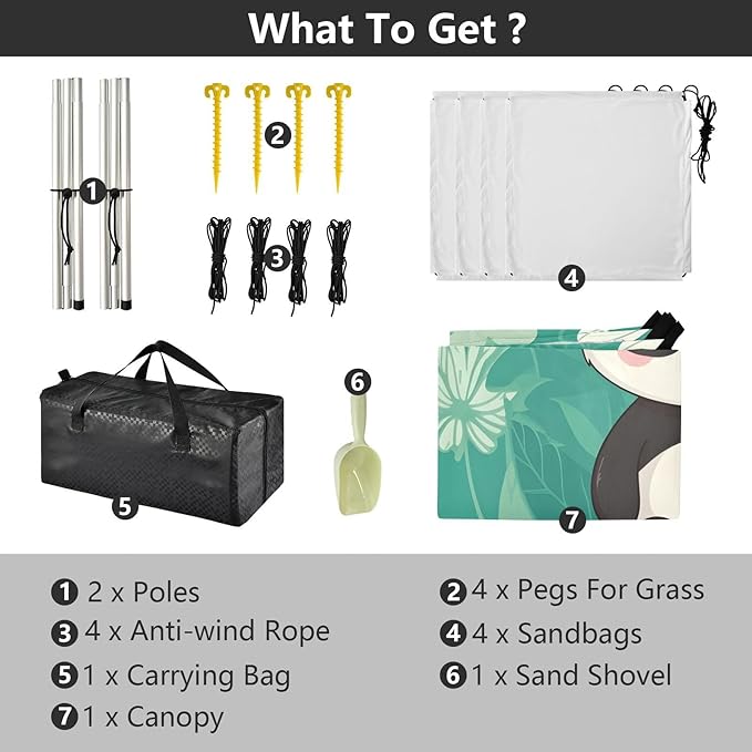 Cartoon Panda in Flowers Beach Tent Sun Shelter Set UPF50+ UV Protection 10.5 x 9.19 FT Camping Shade Canopy with Sandbags Sand Anchors Carrying Bag and Others