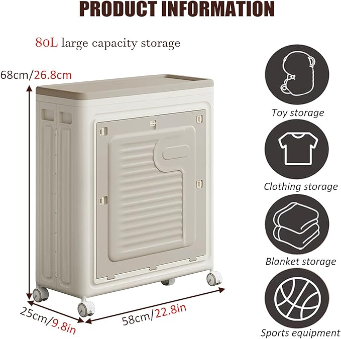 Folding Large Storage Box With Flip Lid And Wheels Home Closet Organiser Plastic Storage Bin Clothes Blanket Storage Cabinet 80/120L ﻿(58x25x68cm)
