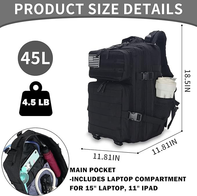 45L/25L/9L Tactical Backpack for Men and Women Military Heavy Duty Molle Backpack Army Assault Pack Travel Camping Gym Work Rucksack Daypack (Black Large 45L)