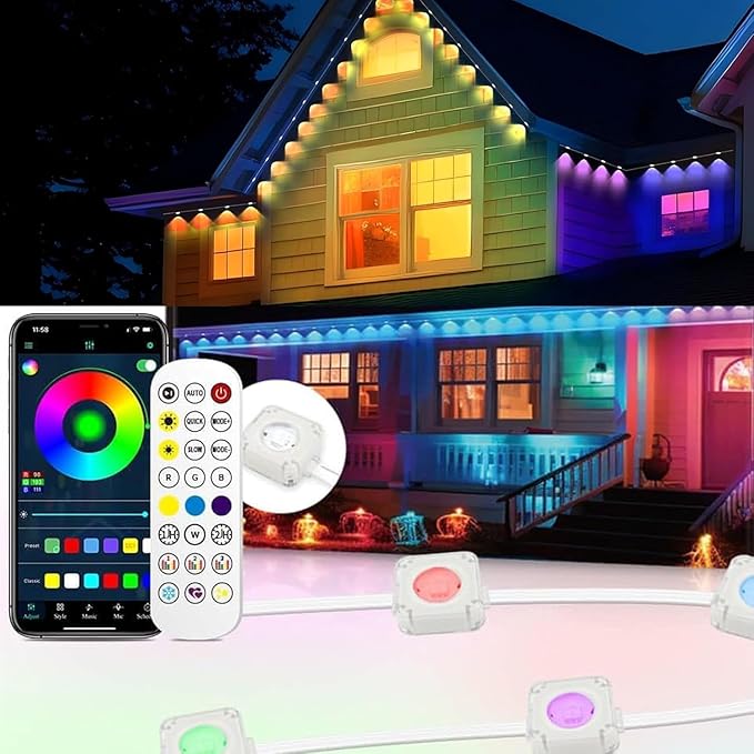 Permanent Outdoor Lights Pro 300ft RGB-IC LED Eaves Lights IP67 Waterproof with Smart App&ampRemote Controlfor ChristmasParty Daily Halloween and All Holiday Decor