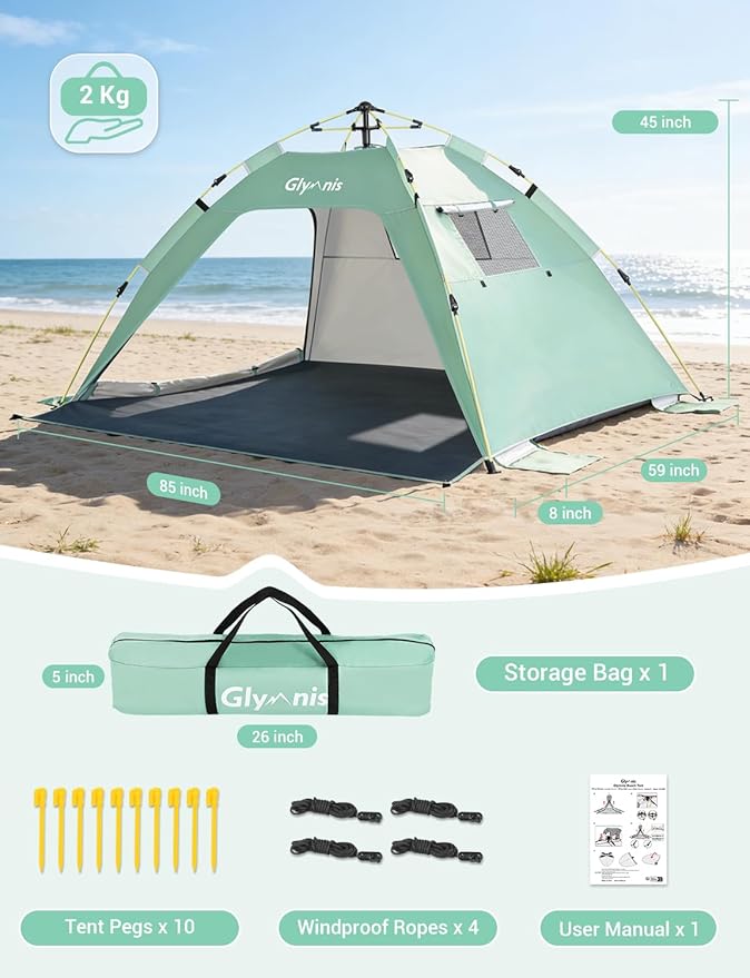 Glymnis Pop Up Beach Tent Sun Shade Shelter for 3-4 Person with UPF 50+ Lightweight &amp Easy Setup Vent Windows &amp Zippered Door Extended Floor Family Instant Beach Tent