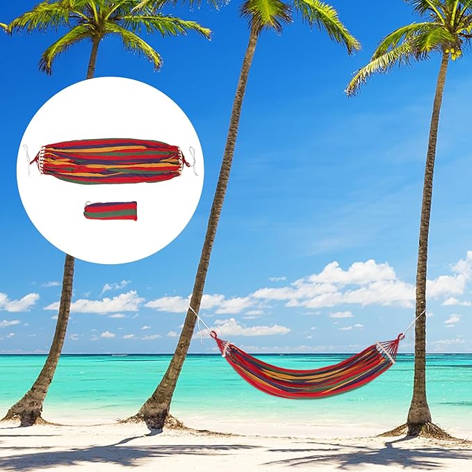 Extra-Wide Anti-roll Outdoor Hammock with Duckbill Buckles Travel and Garden Hanging Hammock for Two Striped Canvas Fabric Suitable for Camping Patio Yard Use