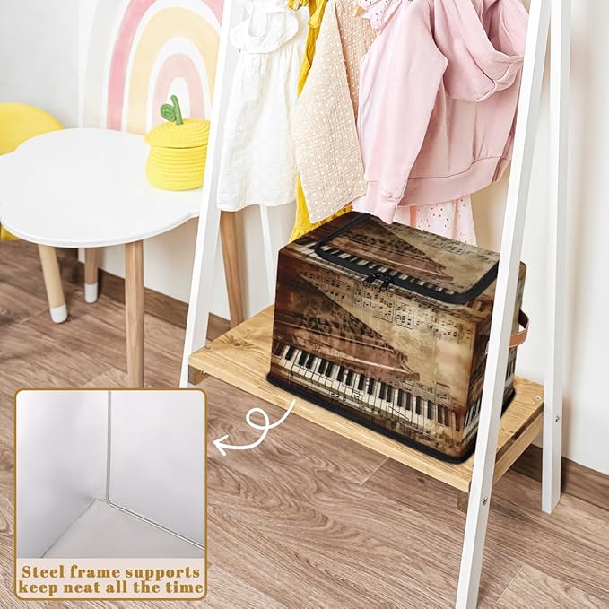 Retro Piano Storage Box with Lid Music Notes Collapsible Storage Bins Baskets Cubes Closet Shelf Clothes Organizer Containers with PU Leather Handles