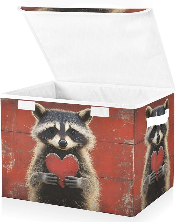 AIXIWAWA Lidded Storage Cube (Heart Raccoon) Fabric Foldable Closet Bins with Flip Lid and Handles Organizer Basket Container 16.5 x 12.6 x 11.8 IN