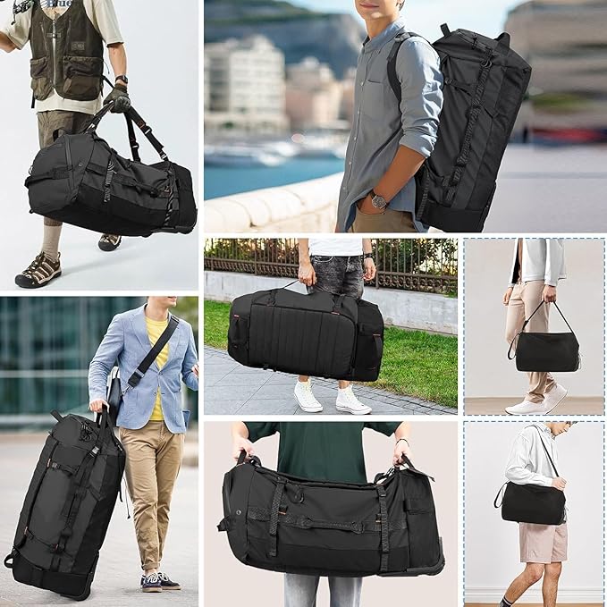 Rolling Duffle Bag with Wheels86L 30”Carry on Luggage with WheelsFolding Travel BagDuffle Backpack with Separate Shoe Compartment (black)