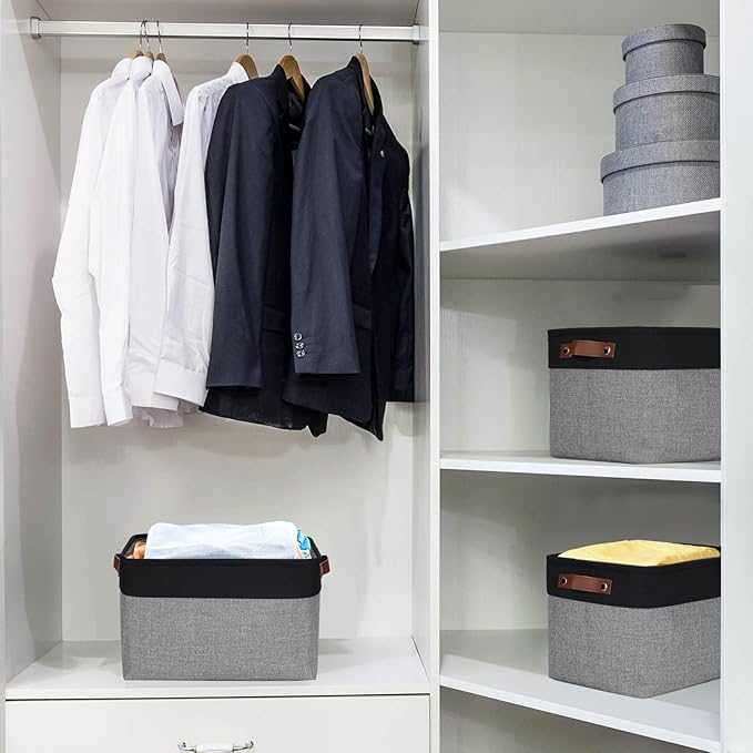 Storage Bins Large Fabric Storage Baskets for Shelves 3 Pack Decorative Linen Closet Baskets with Handles for Organizing Shelf Clothes Home Office 15x11x9.5Inches (Grey&ampBlack)