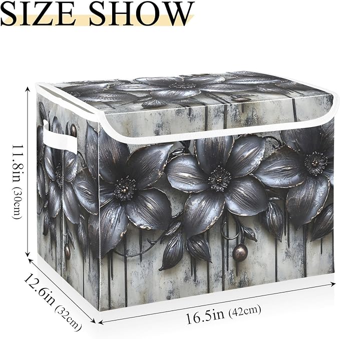 Storage Cube with Lid Elegant Black Flowers Print 16.5×12.6×11.8 IN 1 Pack Collapsible Large Capacity Foldable Storage Basket Bin Organizer