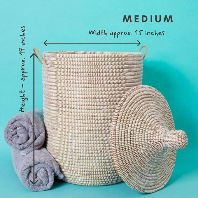 Medium White Basket with Lid for Towels Bathroom Bedroom Handwoven Baskets 15 Inch Wide 19 Inch Tall