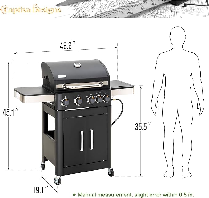 Captiva Designs 4-Burner Propane Gas BBQ Grill with Side Burner &amp Porcelain-Enameled Cast Iron Grates 46700 BTU Output for Outdoor Cooking Kitchen and Patio Backyard Barbecue Black