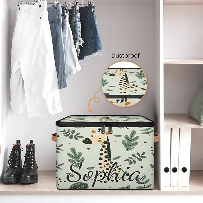 Custom Storage Basket with Name Personalized Storage Bins with Zipper Lid Foldable Fabric Storage Box Large capacity with Handle Giraffe Leaf