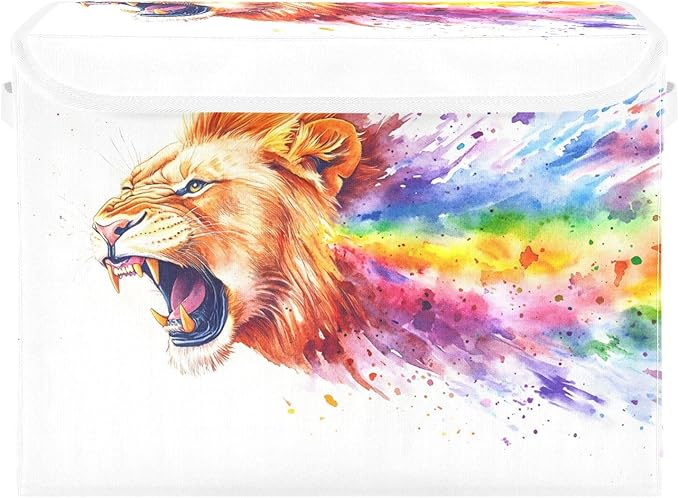 AIXIWAWA Lidded Storage Cube (Lion and Rainbow) Fabric Foldable Closet Bins with Flip Lid and Handles Organizer Basket Container 16.5 x 12.6 x 11.8 IN