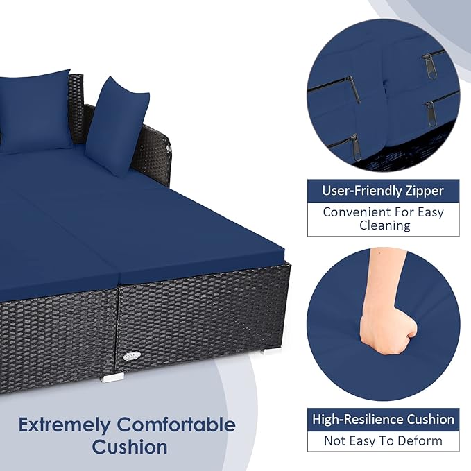 Tangkula Outdoor Rattan Daybed Sunbed Wicker Furniture w/Spacious Seat Upholstered Cushion &amp High-Resilience Sponge Wicker Patio Sofa Set w/Extra Pillows for Courtyard Poolside (Navy)
