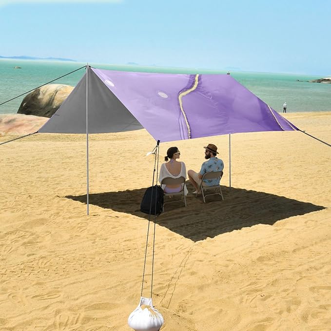 Beach Canopy with Windproof Ropes &amp Sandbags Beach Tent Sun Shade Sun Shelter for Camping Trips Fishing Backyard Fun or Picnics Purple Texture