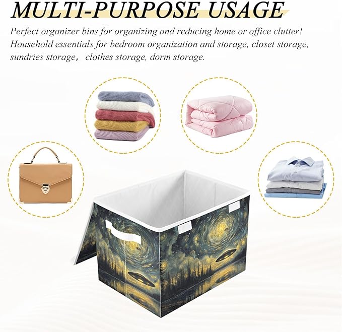 AIXIWAWA Lidded Storage Cube (Art Painting Ufo) Fabric Foldable Closet Bins with Flip Lid and Handles Organizer Basket Container 16.5 x 12.6 x 11.8 IN