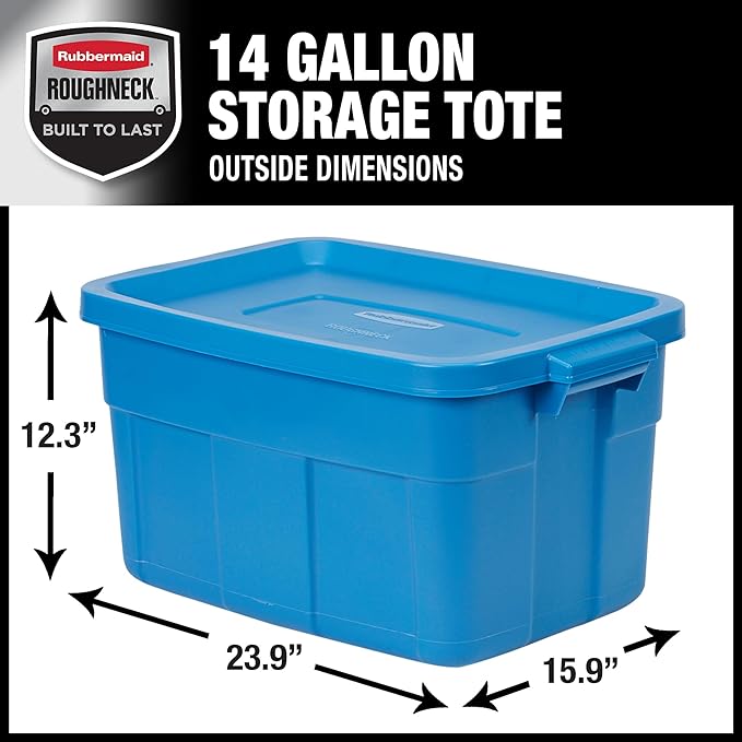 Rubbermaid Roughneck Tote 14 Gal 6 Pack Made in USA Heritage Blue Rugged Plastic Stackable Storage Bins with Lids and Handles