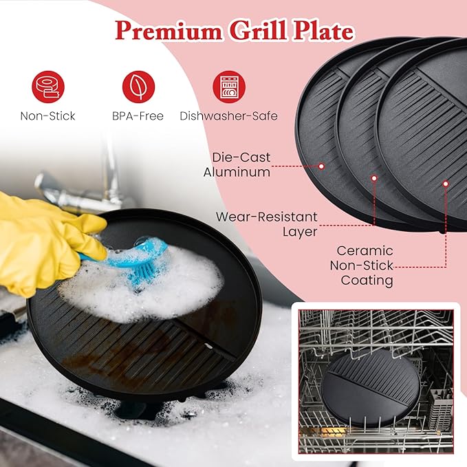 1200W Electric Grill Outdoor 2-in-1 Freestanding &amp Tabletop BBQ Grill w/Thermometer Nonstick Griddle Lid &amp Drip Tray Portable Camping Grill for Patio Backyard Party (Red)