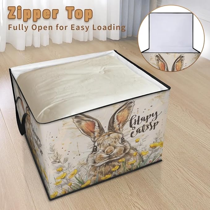 XL Large Clothes Storage with Lid Handle Rabbit Large Thick Clothes Blanket Storage Containers for Organizing Bedroom Closet Comforter Easter Bunny Farm Cartoon Animals