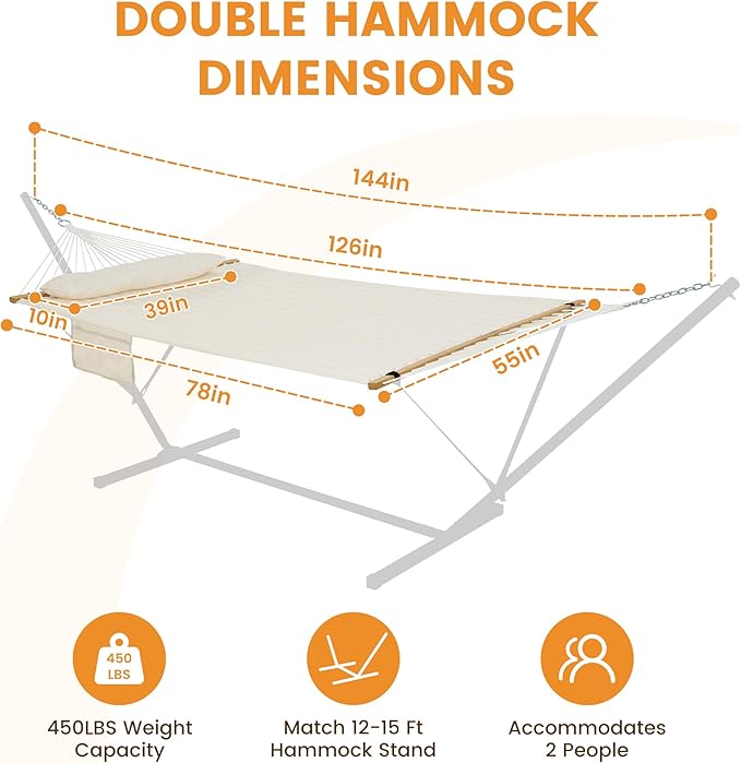 Lazy Daze Hammocks 2 Person Double Quilted Fabric Hammock with Spreader Bar Detachable Pillow Side Pocket Carabiners Chains Straps for Outdoor 450lbs Capacity Natural