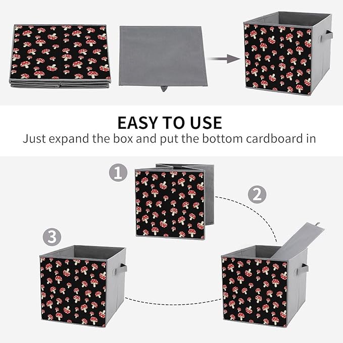 Collapsible Storage Bins with Handles Black Red Mushroom Lovers Foldable Cube Organizer Box for Closet Shelf Toy Storage Space-Saving Home &amp Office Decor