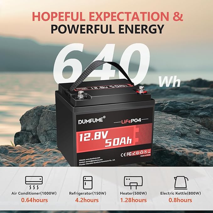 2 pack Dumfume 12V 50Ah LiFePO4 Lithium Battery Built-in 50A BMS 640Wh Energy with Low-Temp ProtectionIdeal for RVSolarHome Energy StorageOff-GridIndustrial Backup Power