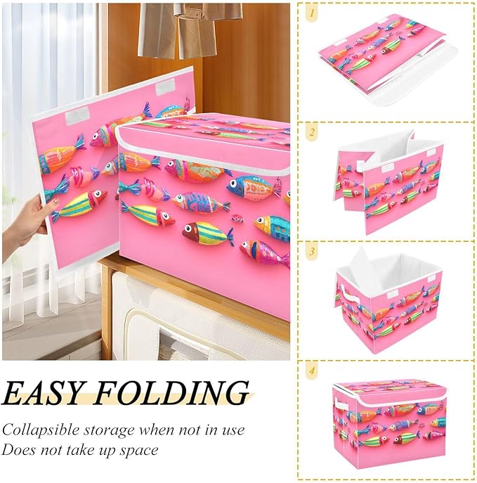AIXIWAWA Lidded Storage Cube (Cute Fishes) Fabric Foldable Closet Bins with Flip Lid and Handles Organizer Basket Container 16.5 x 12.6 x 11.8 IN