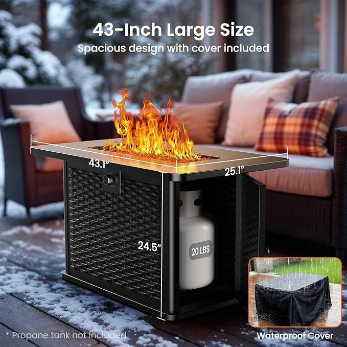 AMADA HOMEFURNISHING 43 Inch Propane Fire Pit Table 60000 BTU Gas Fire Pit with Lava Rocks Waterproof Cover Removable Lid Cup Holders 2-in-1 Fire Table for Patio Backyard Garden Black