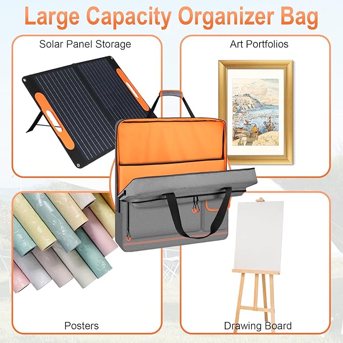 Solar Panel Storage Bag with Orange Lining Deepened Opening Zipper with Pull and Multi-Accessory Space Solar Panel Travel Carrying Case Fit for Jackery SolarSaga 100W 100X 200W Gray