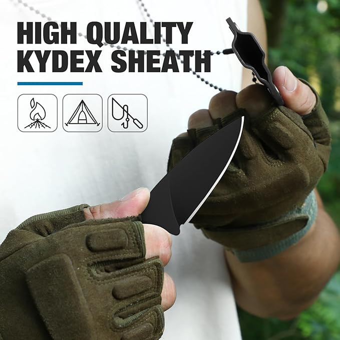 Omesio EDC Fixed Blade Knife 5.82 Neck Knife with Sheath and Necklace D2 Steel 2.99-Inch Blade Small Full Tang Knife with Clip G10 Handle for Fishing Hiking Camping (Black Blade + Black Handle)