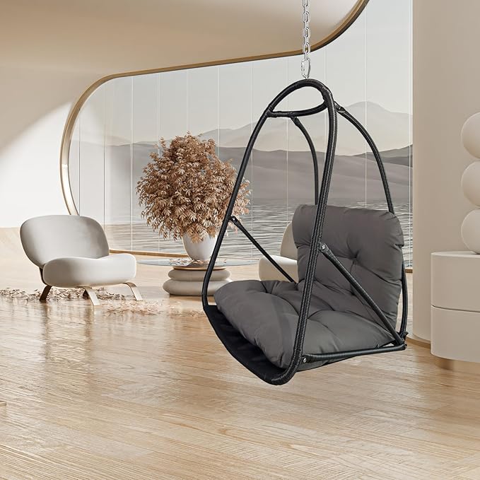 Without Stand Swing Egg Chair Indoor Outdoor Wicker Rattan Patio Basket Hanging Chair with C Type Bracket with Cushion and PillowPatio Wicker Folding Hanging Chair(Special Construction Cup Holder