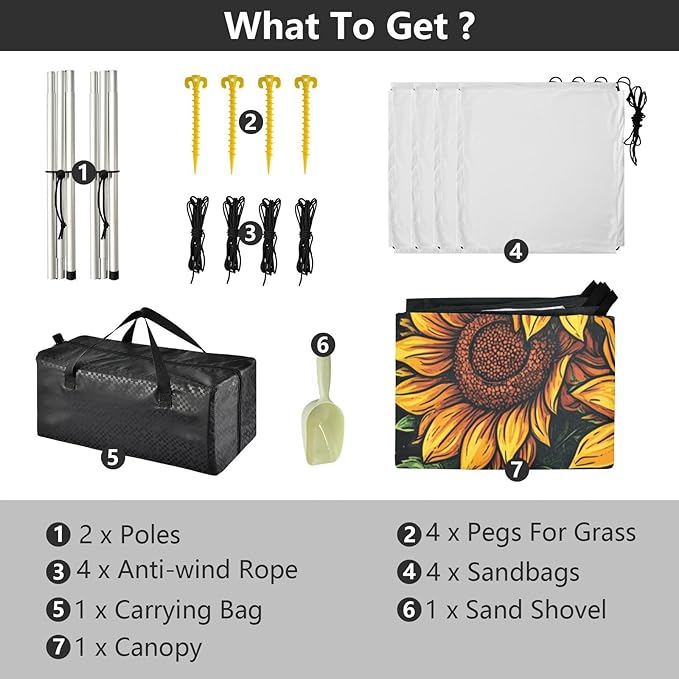 ALAZA Sunflower Bouquet Beach Tent Sun Shelter UPF50+ Protection Beach Shade Canopy w/ 4 Sandbags for Outdoor Camping Fishing Backyard Fun Picnic 10x9 ft