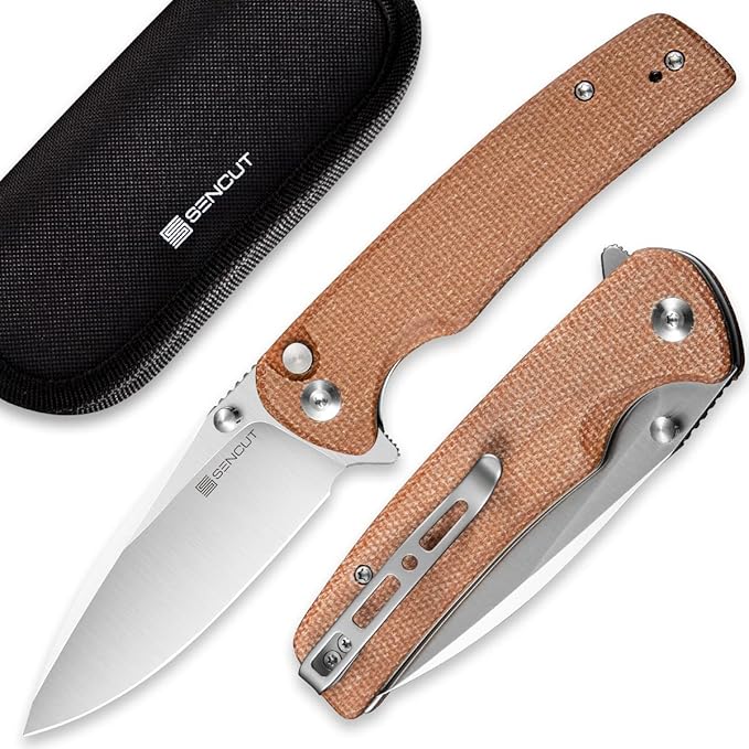 SENCUT Sachse Pocket Knife Folding Knife for EDC Brown Micarta Handle Satin 9Cr18MoV Blade Foldable Small Knife with Clip Button Lock Everyday Carry Knife for Men Women Indoor Outdoor Gift S21007-3